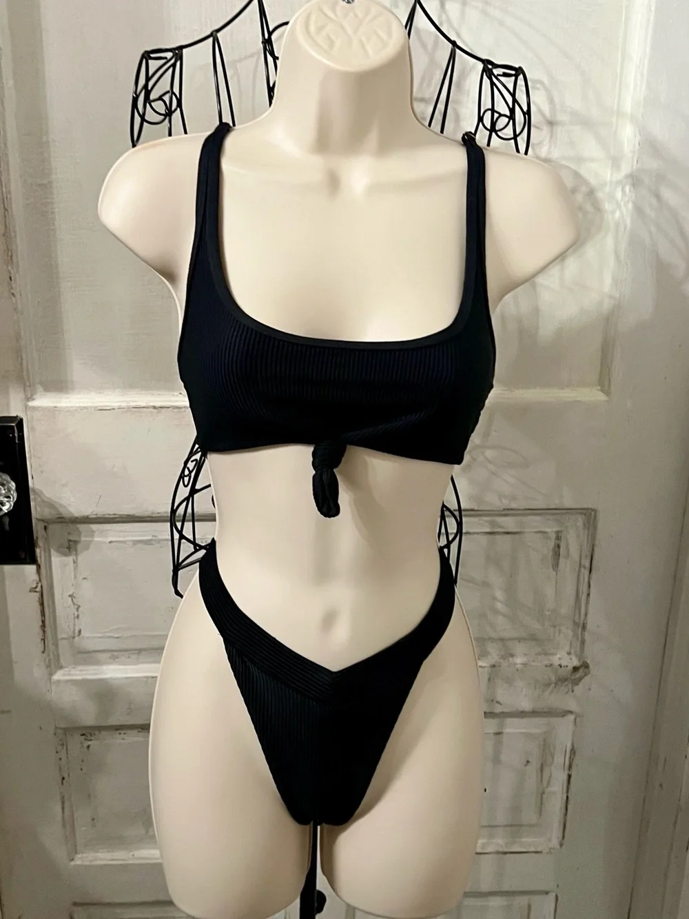 Frankie's Bikinis’ Greer Ribbed Knot Top & Cole Bottoms Black Small